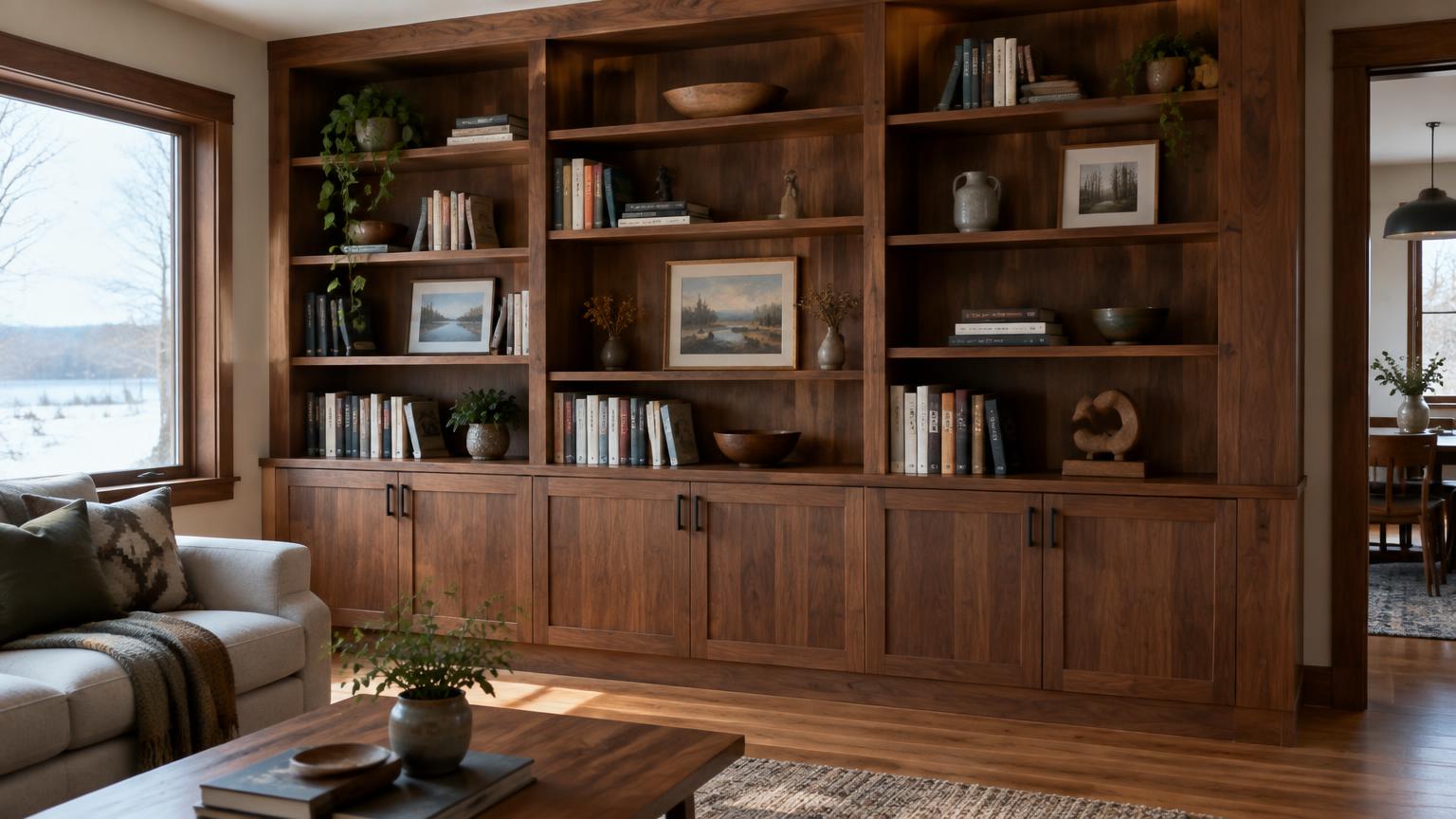 Custom walnut built-in shelves in a living room