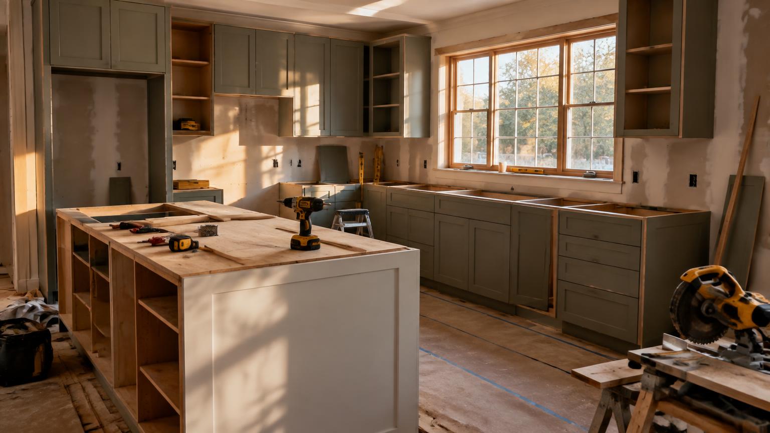 Custom kitchen cabinetry being installed