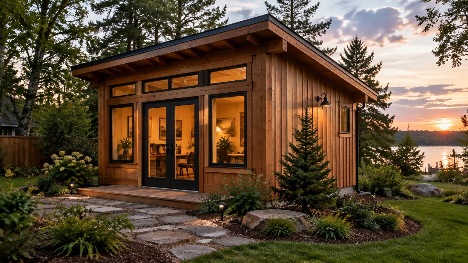 Compact cedar backyard studio at dusk