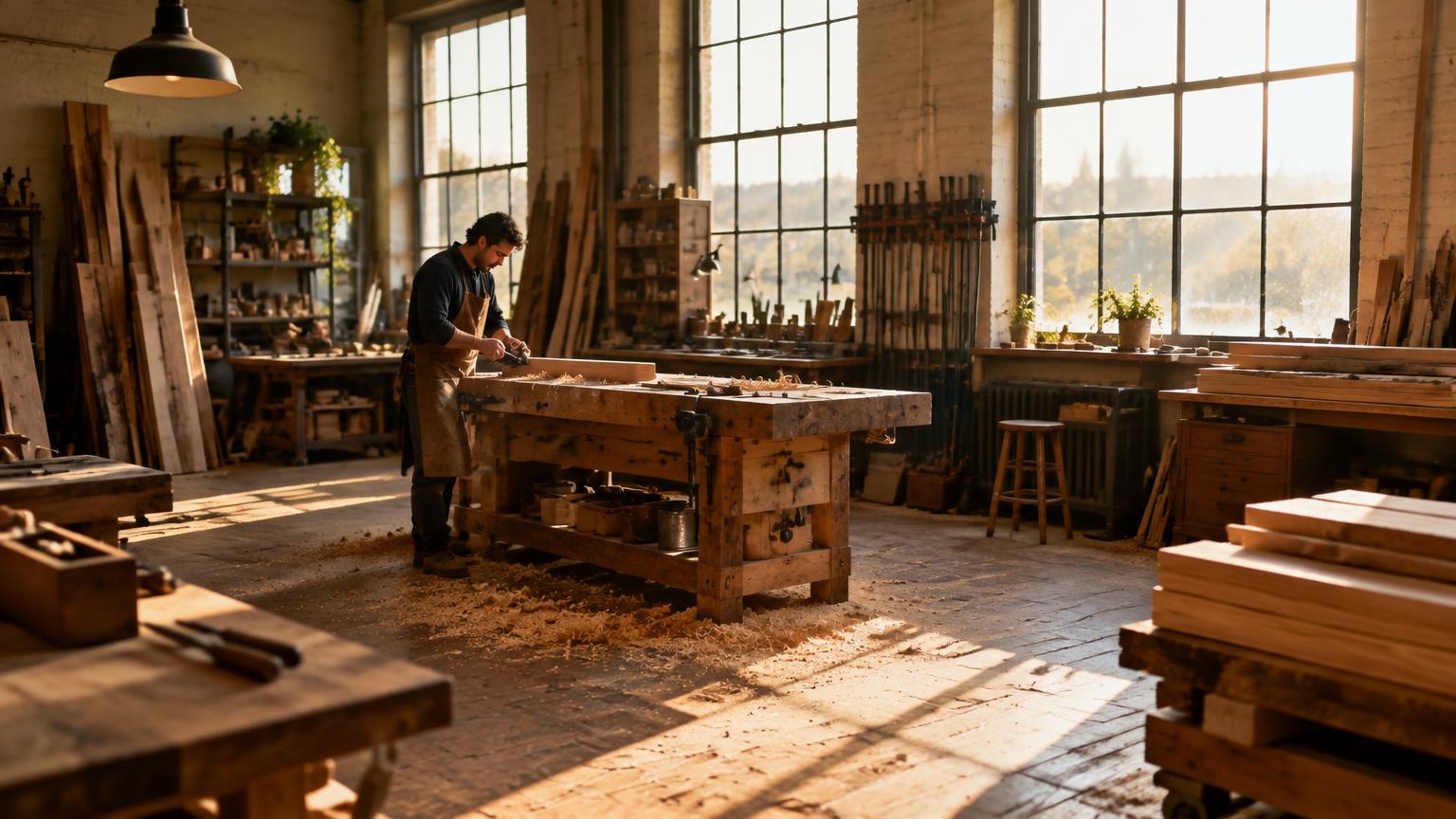 Woodworker shaping lumber at a workbench in a sunlit shop